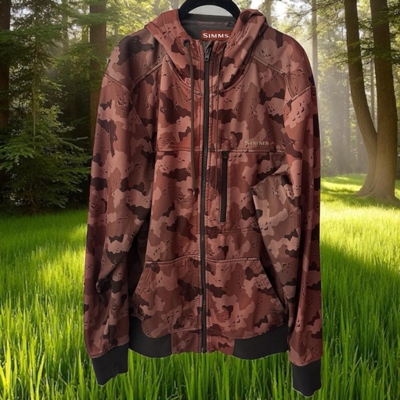 Simms Brown Ombre Camouflage Fleece Full Zip Hooded Fishing Outdoors Jacket M - Picture 1 of 11
